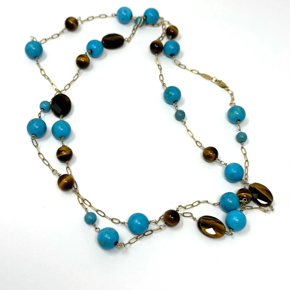 14K, turquoise and tiger’s eye beaded versatile necklace - Picture 8 of 12